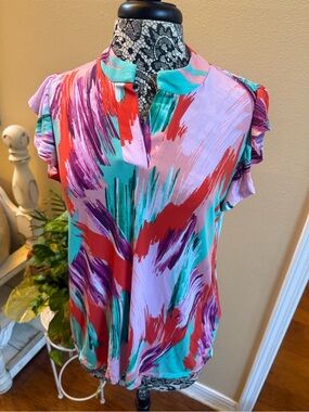 Abstract Brushstroke Ruffle Sleeve Top - Pink Teal Red